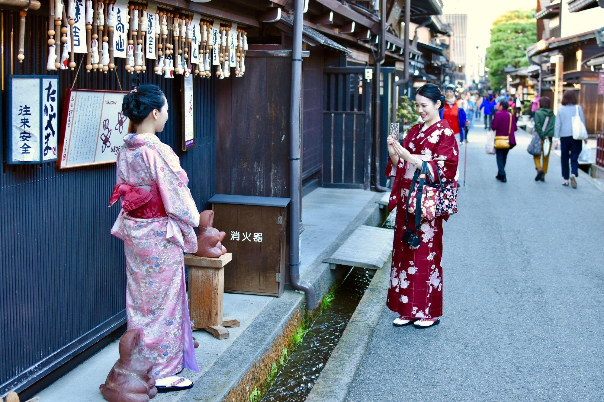 Two women wearing traditional kimonos on a Kyoto street, capturing Japanese culture and elegance for the Japan Clothing Lookbook.