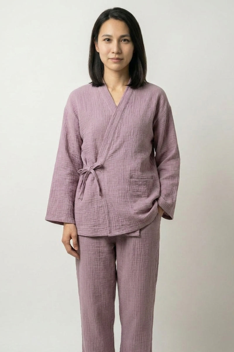 Lavender double gauze Japanese pajama set for women with V-collar wrap top, side pocket and straight trousers