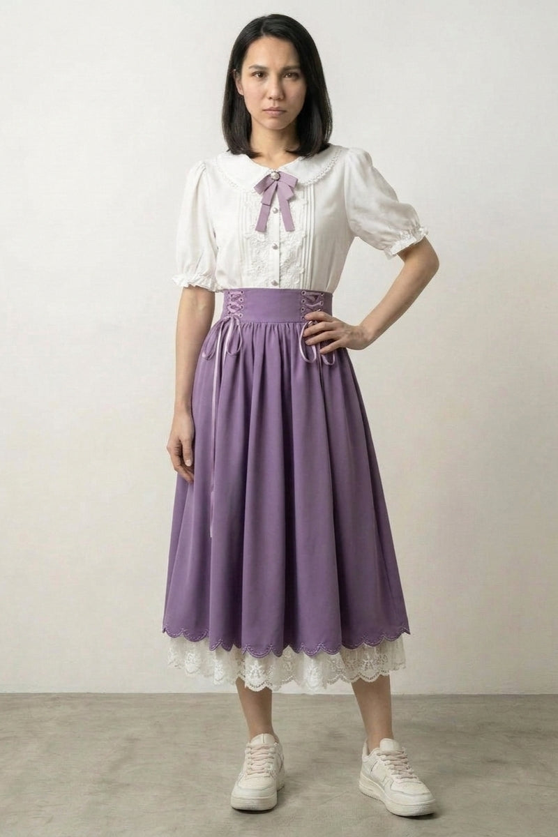 Lavender kawaii Japanese dress set with cream peter-pan collar top, mauve ribbon bow and high-waist lavender skirt
