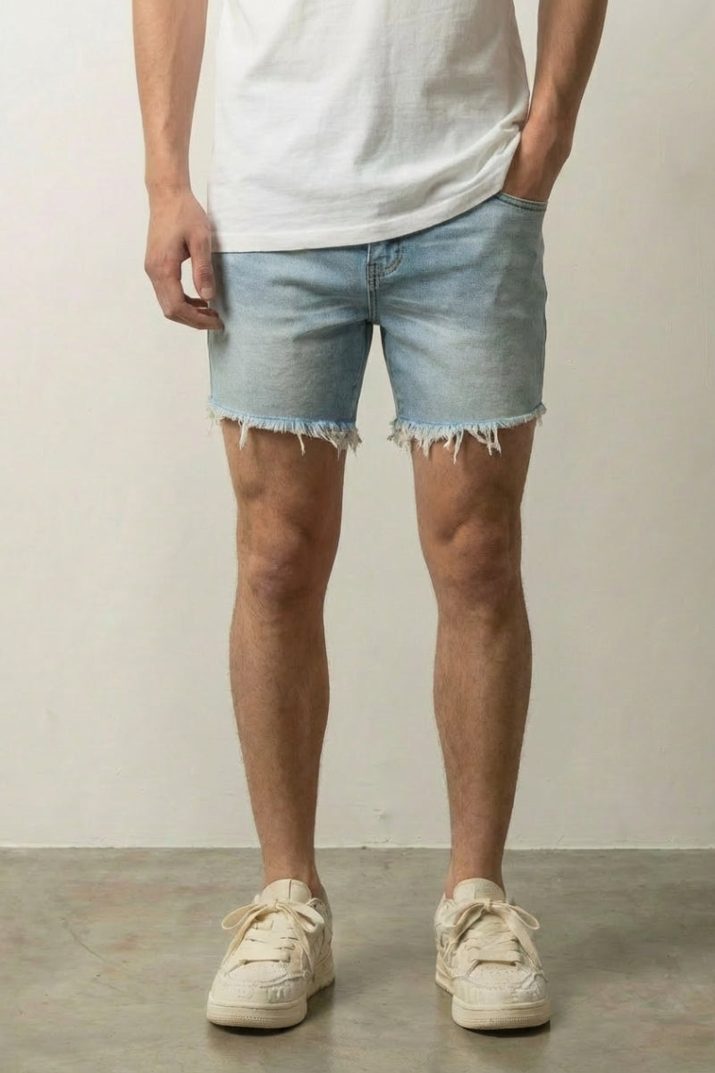 Light wash denim shorts — bright casual streetwear