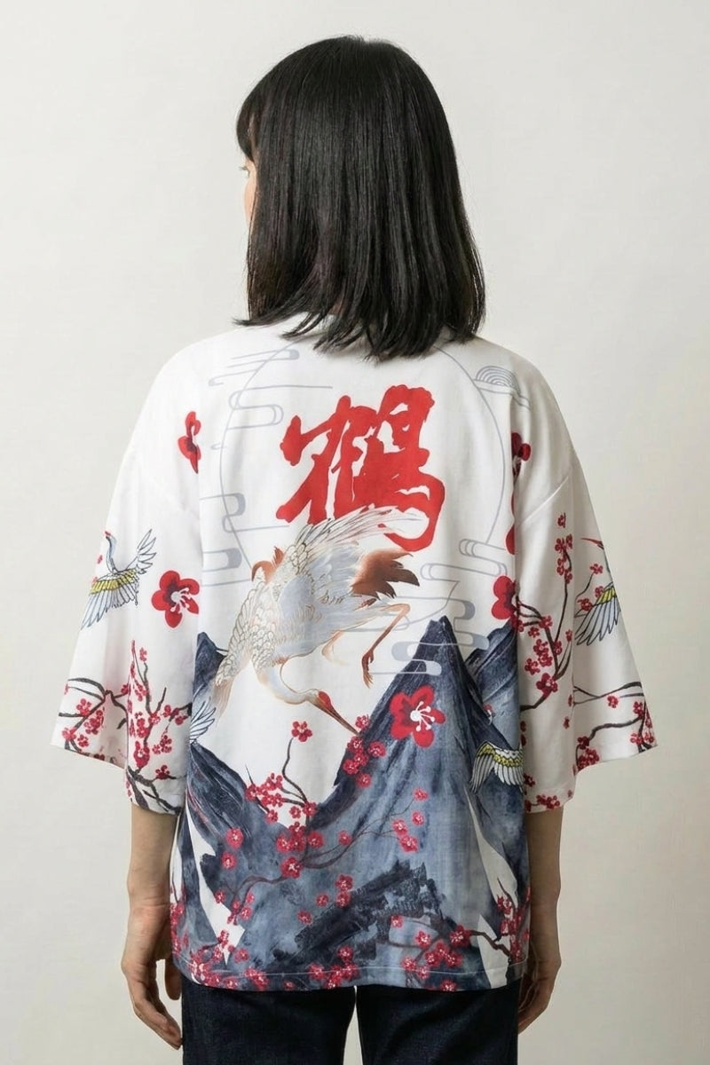 Back view of the white Edo kimono jacket showing the crane in flight and the bold kanji for crane