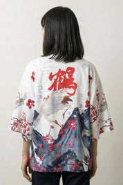 Back view of the white Edo kimono jacket showing the crane in flight and the bold kanji for crane