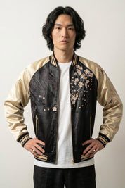 Lion Sukajan Jacket 'Kogane no Ikari' — dark sukajan, golden lion and blossom embroidered