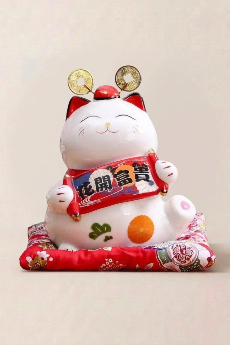 Maneki Neko Money box 'Okami Ribbon' — Japanese maneki-neko lucky cat money box, white ceramic lucky cat holding a fortune plaque and orange between gold coins on a red cushion