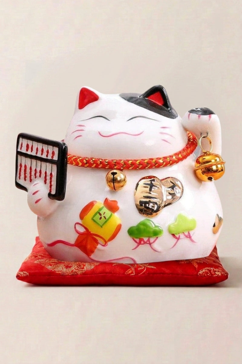 Maneki Neko White 'Lucky Abacus' — Japanese maneki-neko lucky cat money box, white ceramic lucky cat holding an abacus with gold bells on a red cushion