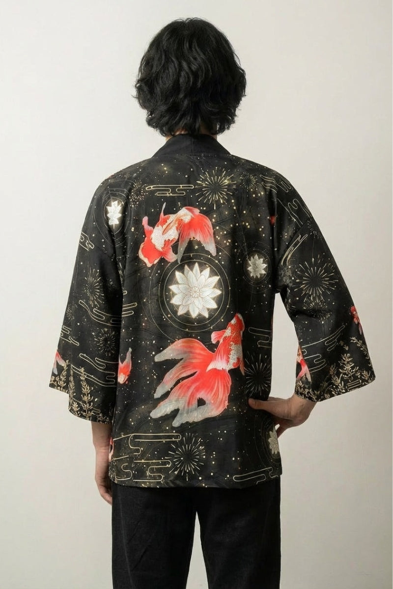 Mens Beach Kimono 'Sadao' — The kimono where koi swim under golden fireworks