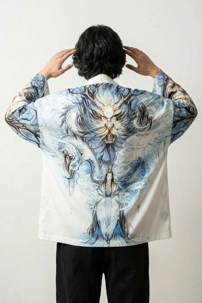 Mens Dragon Kimono 'Kaito Edition' — The dragon kimono with a frost-blue beast across the back