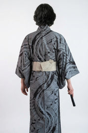 Men's Japanese Silk Kimono 'Suibokuga' — grey men's kimono, abstract sumi-e ink-wash print