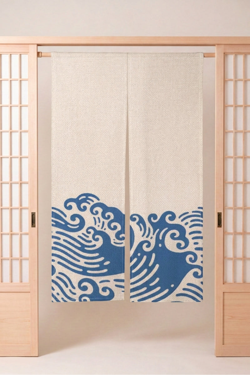 Japanese Noren 'Tsubomi' — split doorway curtain printed with a minimal cream panel with a band of blue waves along the lower edge, traditional Japanese room divider