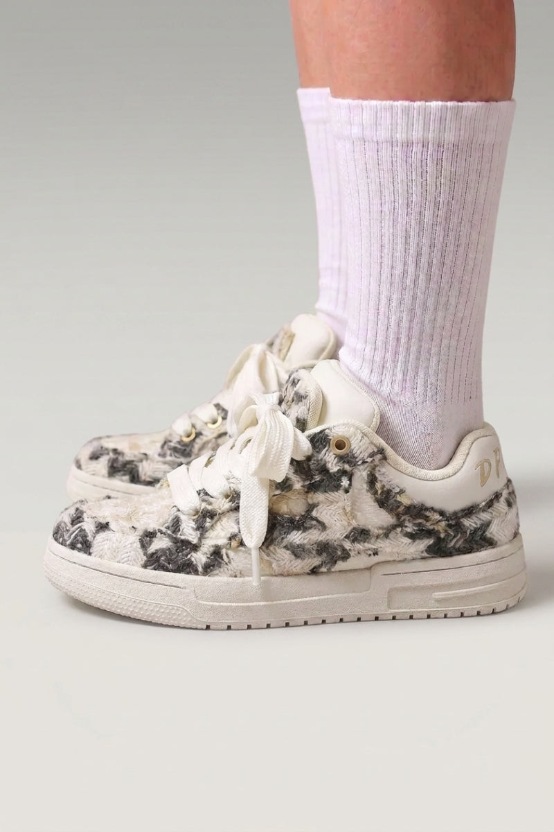 Gray minimalist Japanese sneakers 'Yuki', worn on foot with white socks — Japanese streetwear style