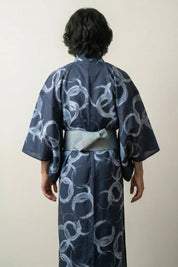 Modern Men's Kimono 'Ensogawa' — midnight-blue men's kimono, white ensō-circle print
