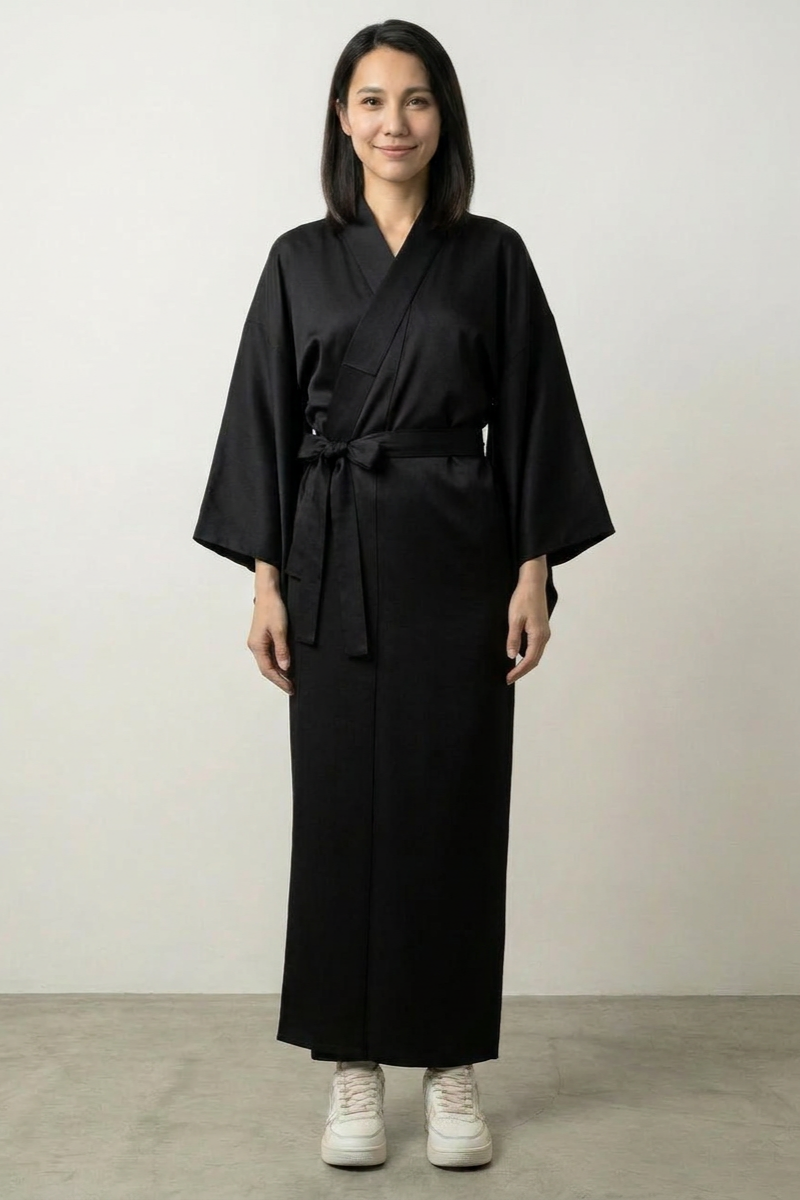 Nagajuban kimono wrap robe in black with wide sleeves and self-tie belt