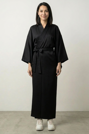 Nagajuban kimono wrap robe in black with wide sleeves and self-tie belt