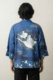 Navy Blue Kimono Jacket 'Kaito Edition' — The navy kimono where a great crane crosses the whole back