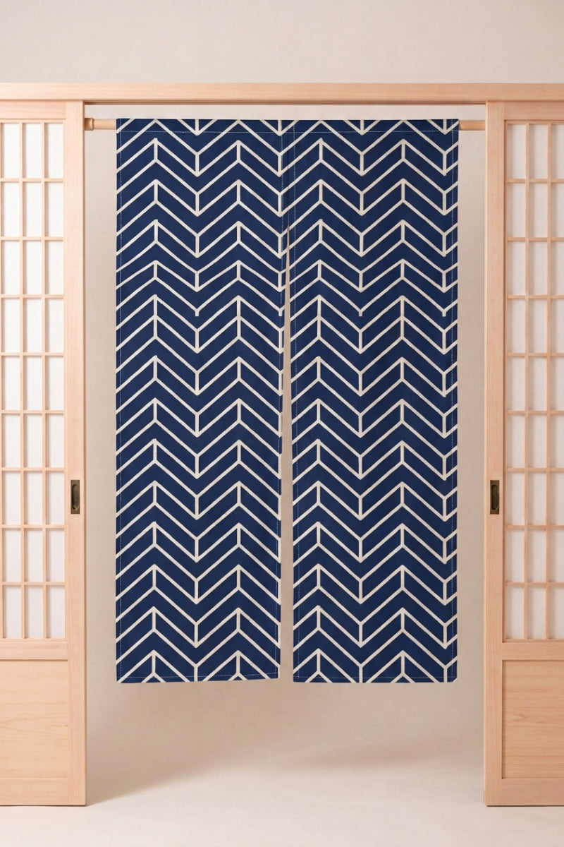 Japanese Noren 'Mizu' — split doorway curtain printed with a crisp navy chevron stripe pattern on white, traditional Japanese room divider