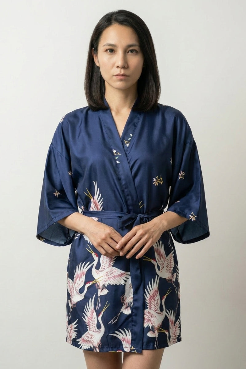 Navy Crane Short Kimono Robe 'Sorazuru' | Japan Clothing