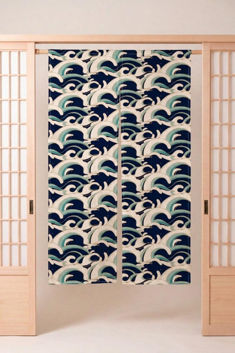 Japanese Noren 'Okodara' — split doorway curtain printed with dense navy and turquoise breaking waves with white foam on cream, traditional Japanese room divider