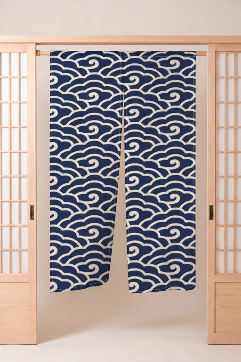 Japanese Noren 'Kizuna' — split doorway curtain printed with repeating navy arcs with curling crests on white, traditional Japanese room divider