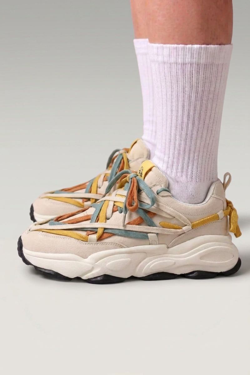 Beige Japanese-made-style sneakers 'Fujioka', worn on foot with white socks — Japanese streetwear style