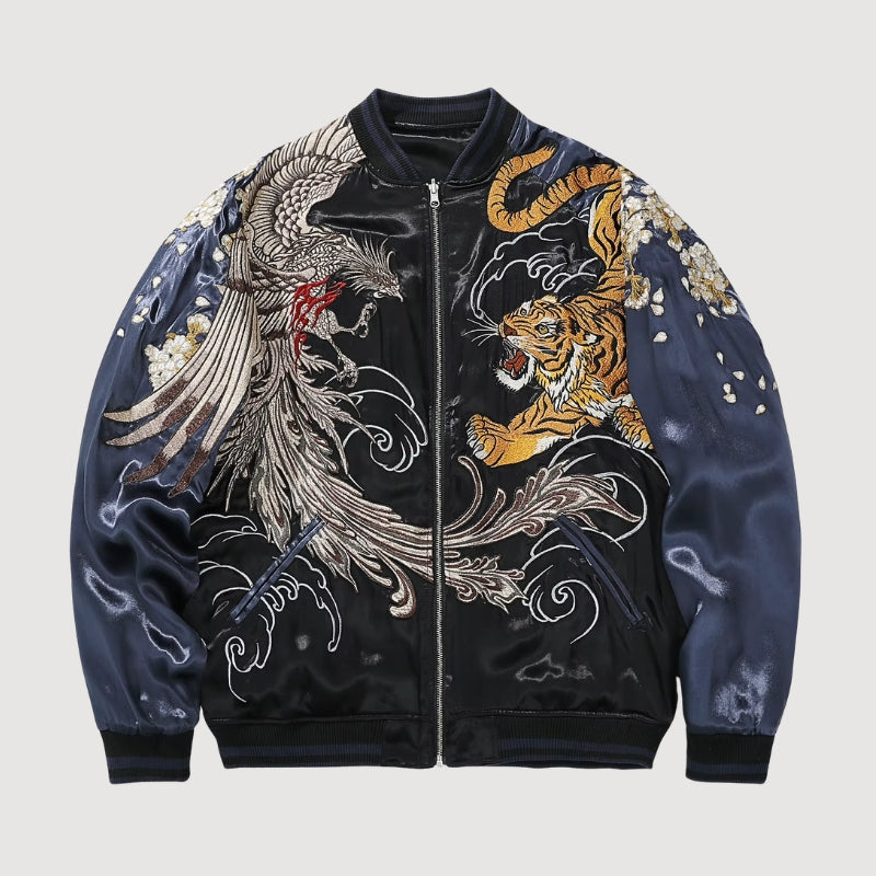 Phoenix Sukajan Jacket “Tsukikage” – Embroidered Japanese Crane & Moon Jacket