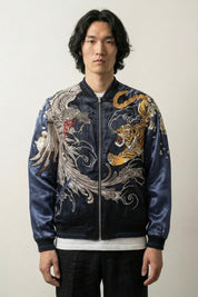 Phoenix Sukajan Jacket 'Tsukikage' — blue sukajan, golden phoenix and dragon embroidered