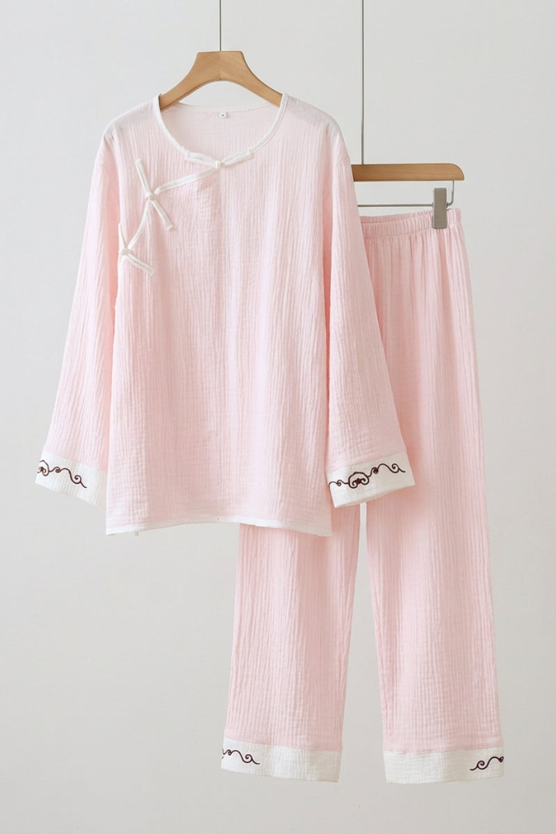 Pink Japanese Hotel Pajamas 'Onsen' — pink pyjama set with an asymmetric frog-button neckline