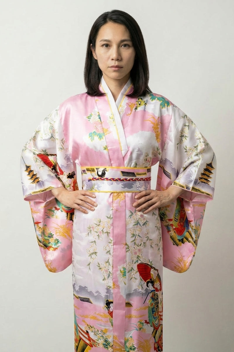 Pink Japanese kimono robe for women with ukiyo-e scenes, geishas and pagodas printed on satin