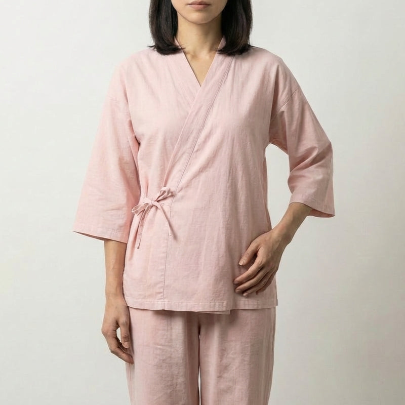 Pink Japanese pajama set for women with V-collar wrap top, side tie closure and straight cotton trousers