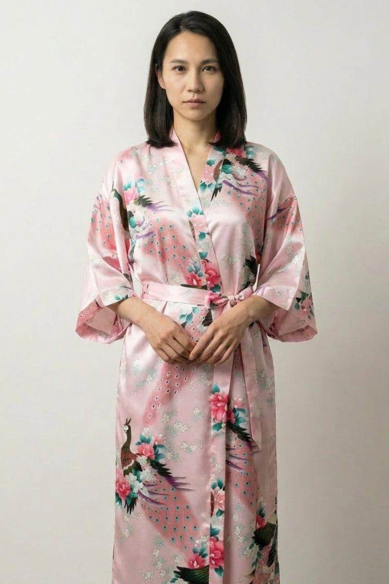 Pink Peacock Long Kimono Robe 'Momoshou' | Japan Clothing