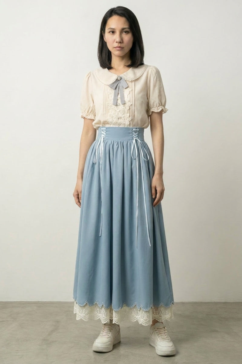 Powder blue Japanese style dress set with cream peter-pan collar top, grey ribbon bow and high-waist skirt