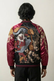 Raijin Sukajan Jacket 'Ten no Ikazuchi' — reversible sukajan, red thunder god embroidered, cream and red