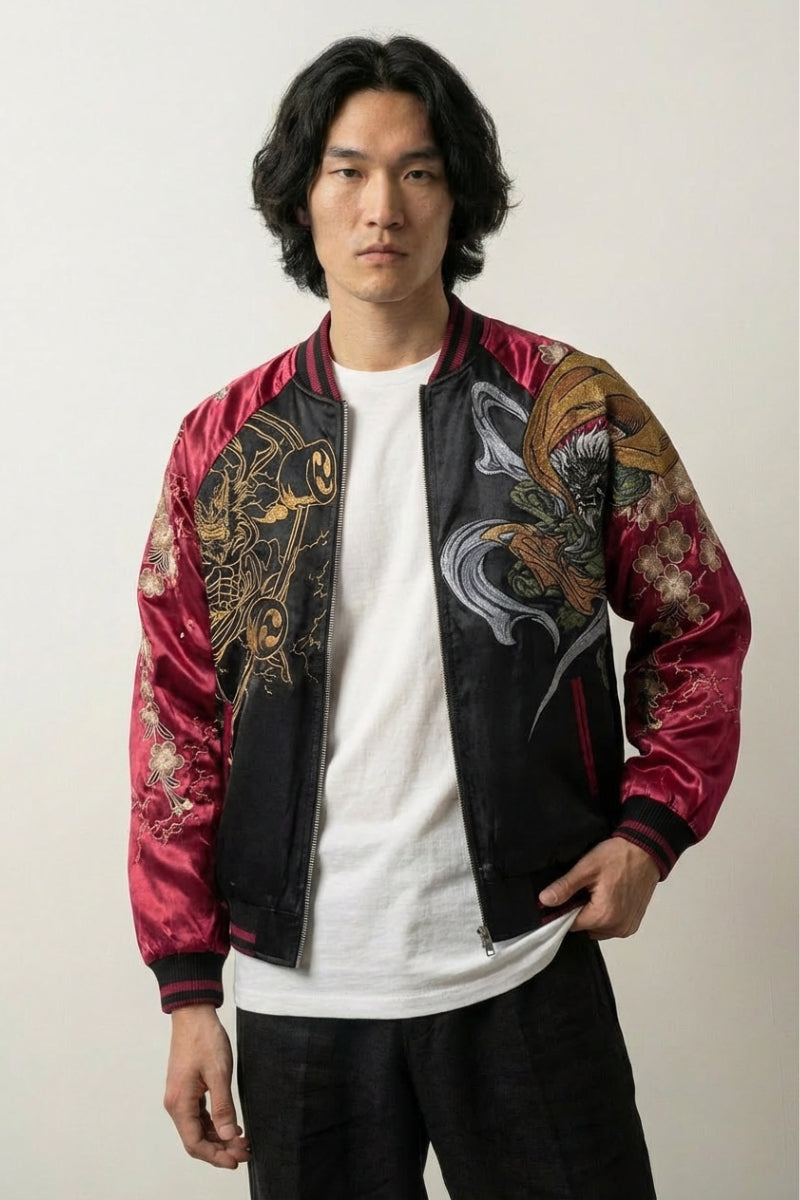 Raijin Sukajan Jacket 'Ten no Ikazuchi' — reversible sukajan, red thunder god embroidered, cream and red