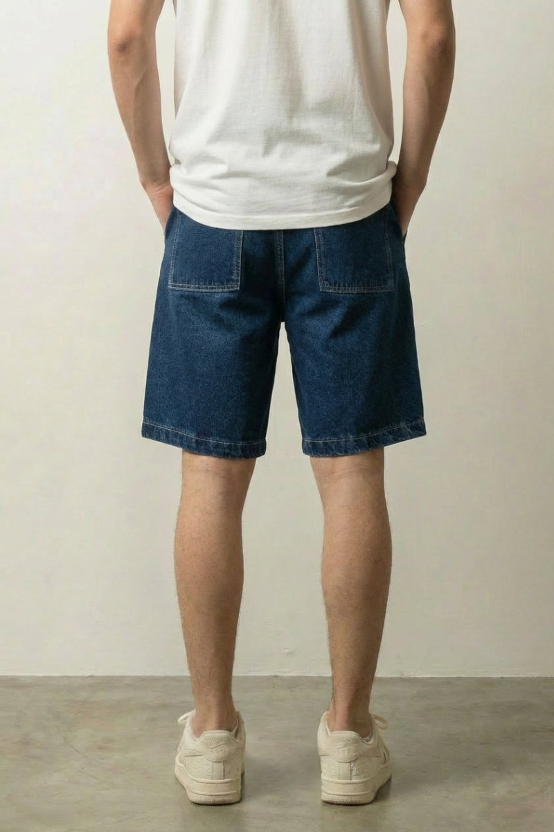 Raw selvedge denim shorts styled look