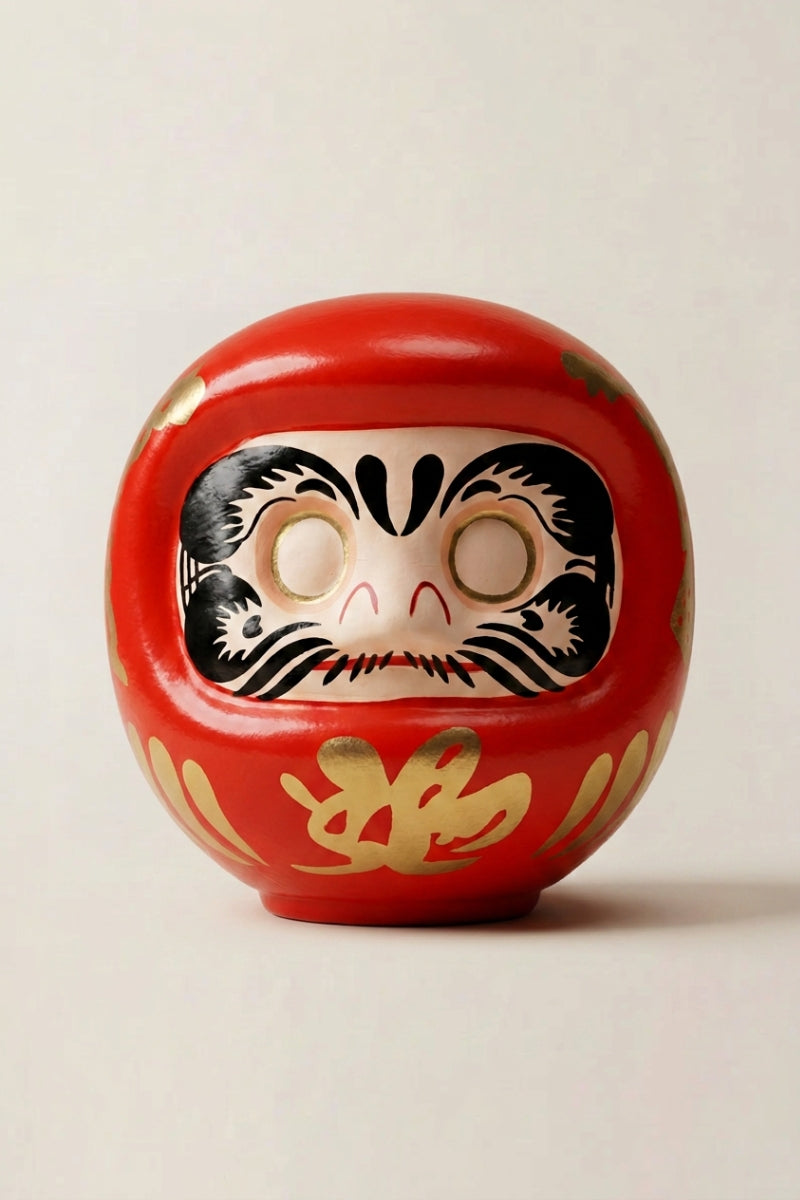 Red daruma doll with gold calligraphy on the belly and blank white eyes, traditional Japanese good-luck charm