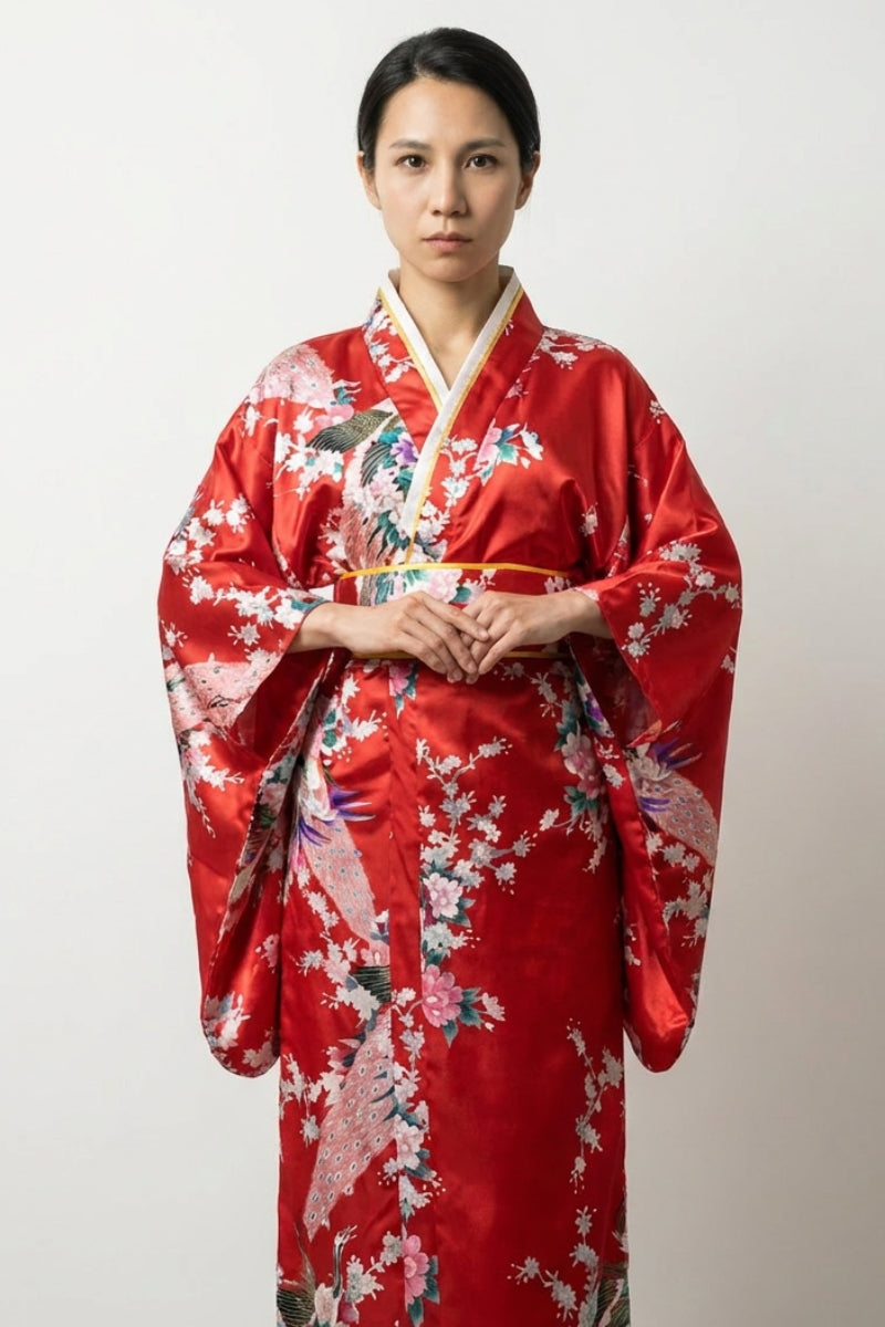 Red Japanese kimono robe for women with peacock, white sakura and peony print on vermillion satin