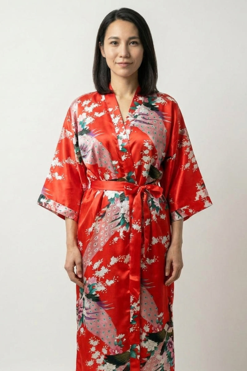 Red Japanese kimono robe for women with peacock, peony and sakura print on vermillion satin