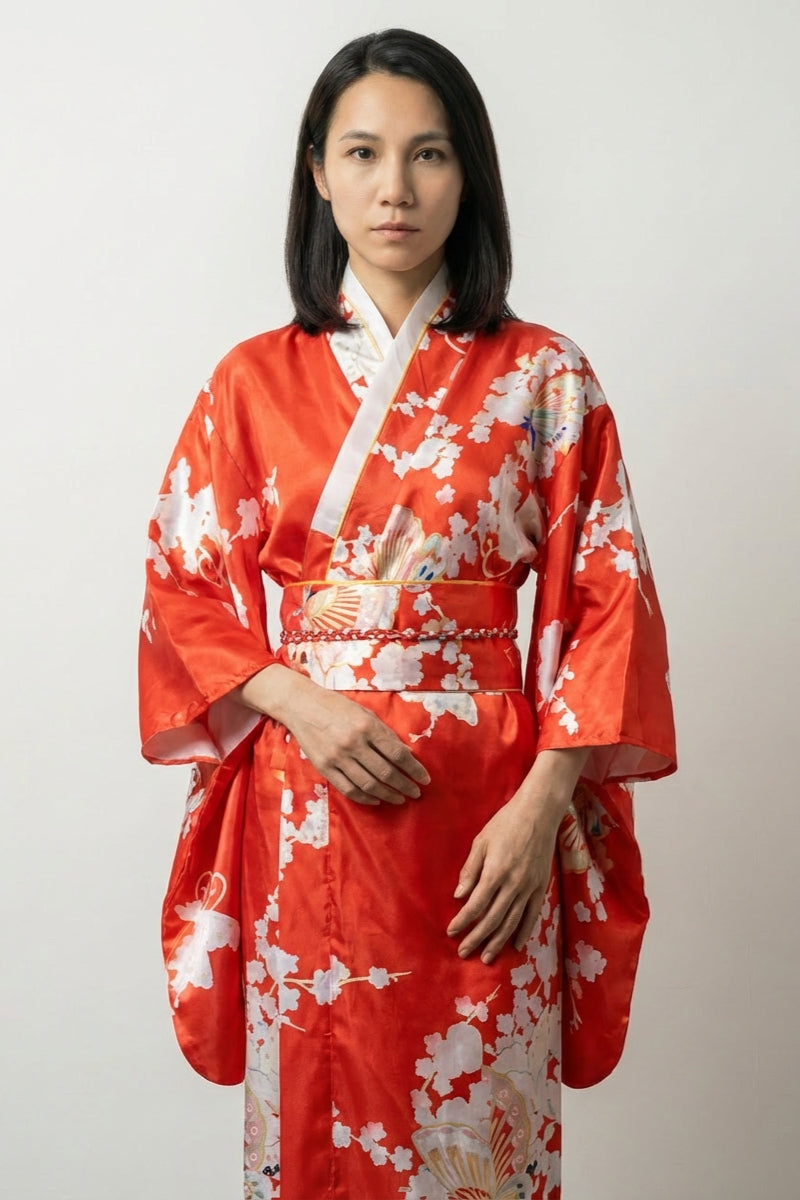 Red Japanese kimono dress for women with white sensu folding fans and sakura print on vermillion satin