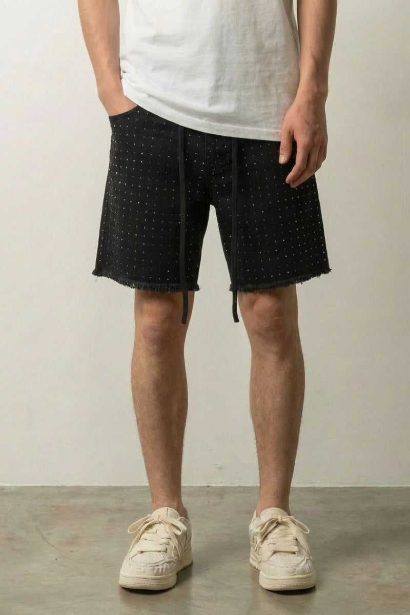 Rhinestone denim shorts — Y2K glamour streetwear