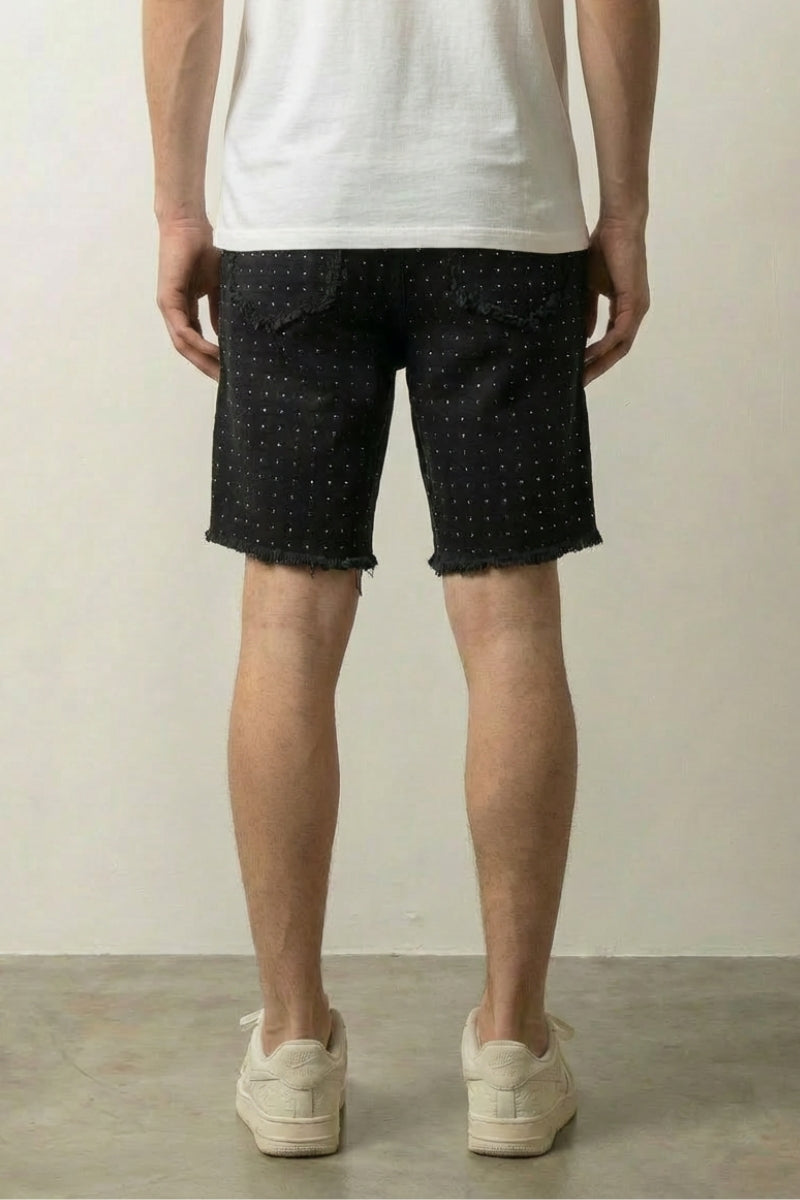 Rhinestone embellished denim shorts styled look