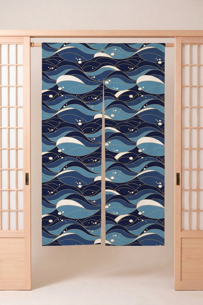 Japanese Noren 'Tsubaki' — split doorway curtain printed with rolling waves banded in navy, blue and white with fine gold lines, traditional Japanese room divider