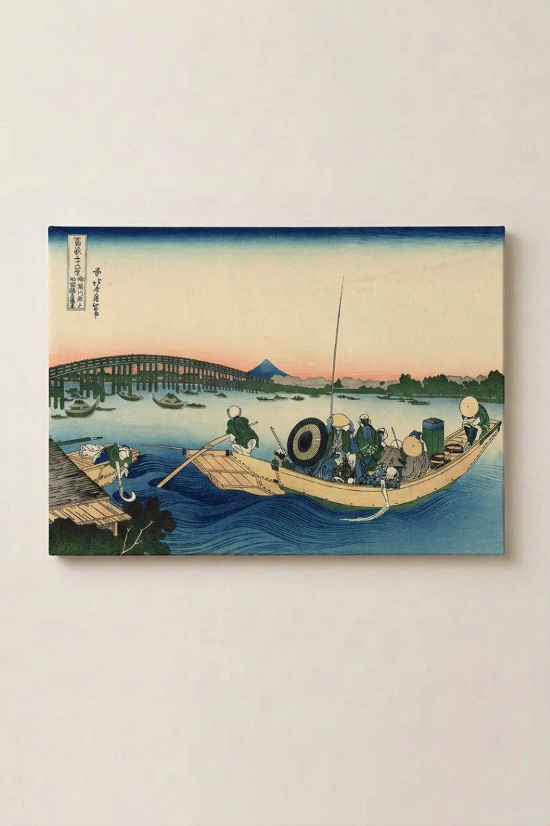 Japanese Print Poster 'Ikebi' — Japanese ukiyo-e-style print depicting fishing boats on the river at Ryogoku with Mount Fuji, ukiyo-e canvas print, shown on a wall