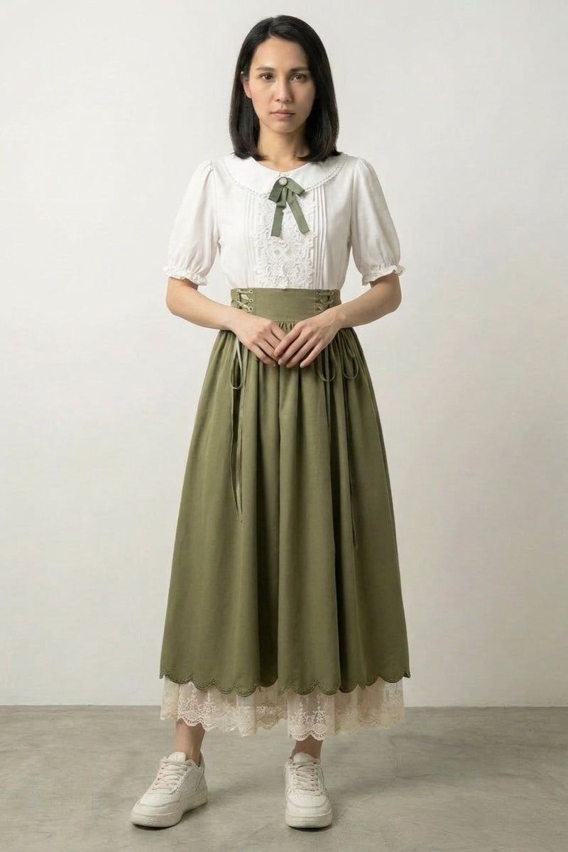 Sage green traditional Japanese dress set with cream peter-pan collar top, sage ribbon bow and high-waist olive skirt