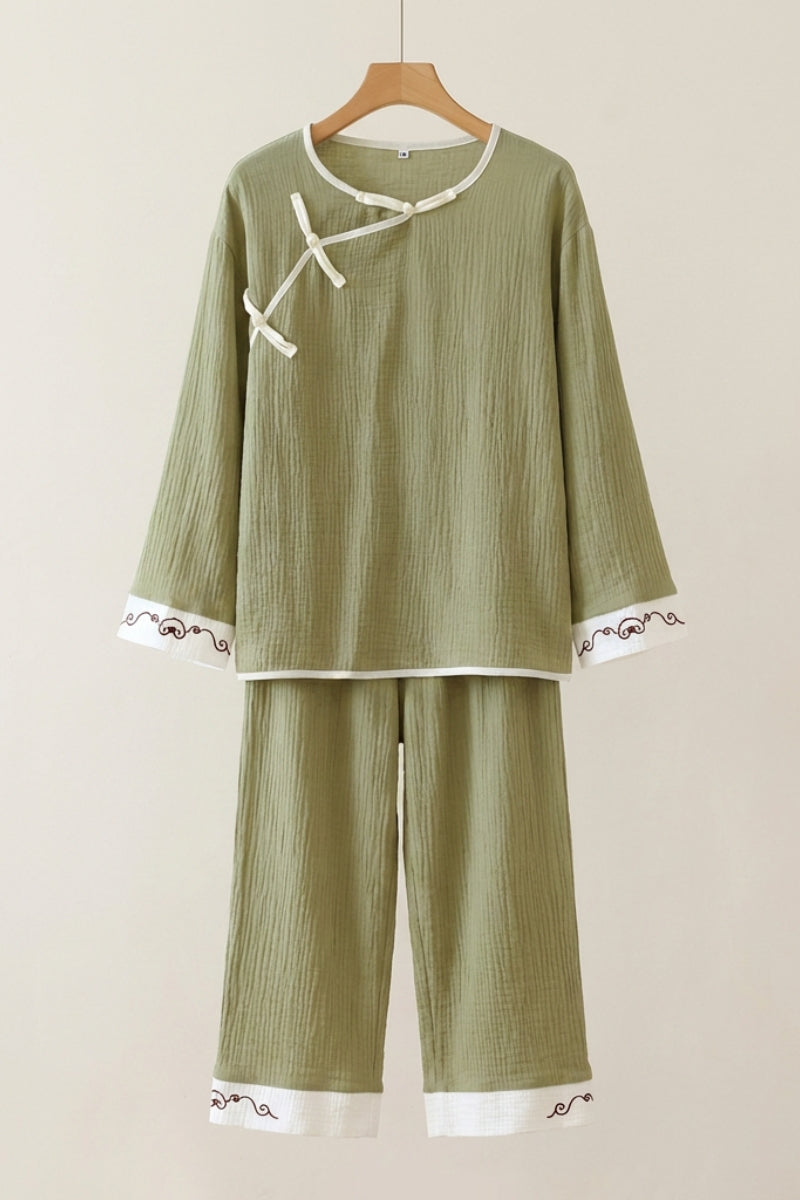 Sage Japanese Cotton Pajamas 'Wakaba' — sage-green pyjama set with frog-button closures