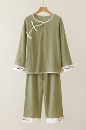 Sage Japanese Cotton Pajamas 'Wakaba' — sage-green pyjama set with frog-button closures
