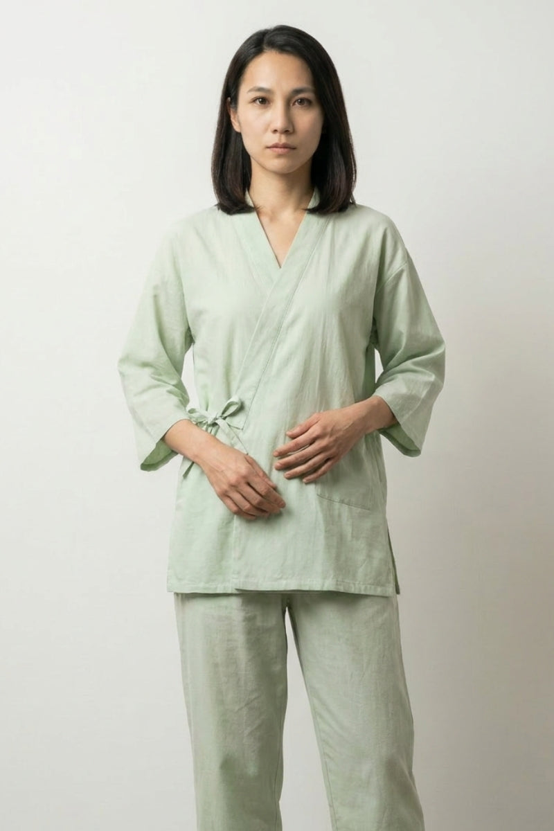 Sage green Japanese pajama set for women with V-collar wrap top, side tie closure and straight cotton trousers