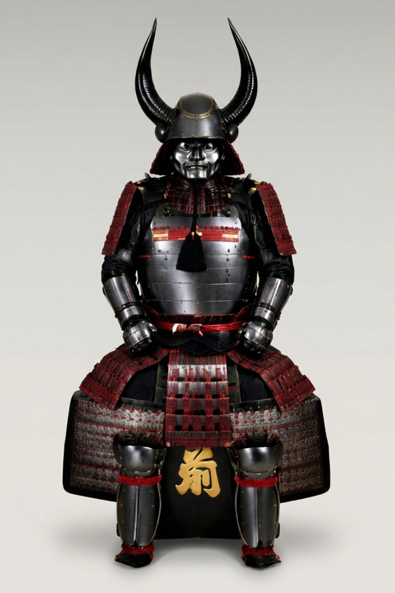 Dark steel samurai armor Akakiba on display stand: wide curved black horns on the kabuto, steel menpo mask, deep red lacing and a black tassel on the cuirass