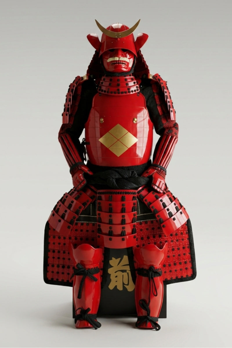 Red lacquer samurai armor Akako on display stand: crimson do cuirass with gold diamond crest, golden crescent maedate on the kabuto and black odoshi lacing