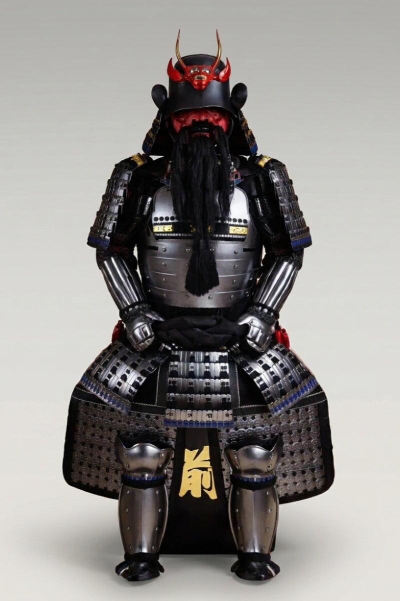Black samurai armor Akuma Taisho on display stand: polished steel do cuirass, red horned oni menpo mask with long black horsehair beard and dark lacquered plates