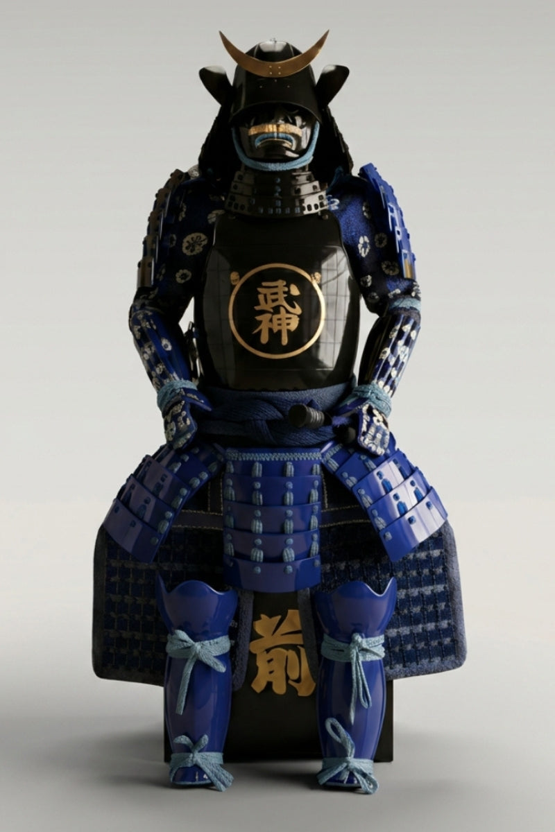 Blue and black samurai armor Bushin on display stand: black do cuirass bearing the gold kanji 武神 in a ring, indigo lacing and gold crescent maedate