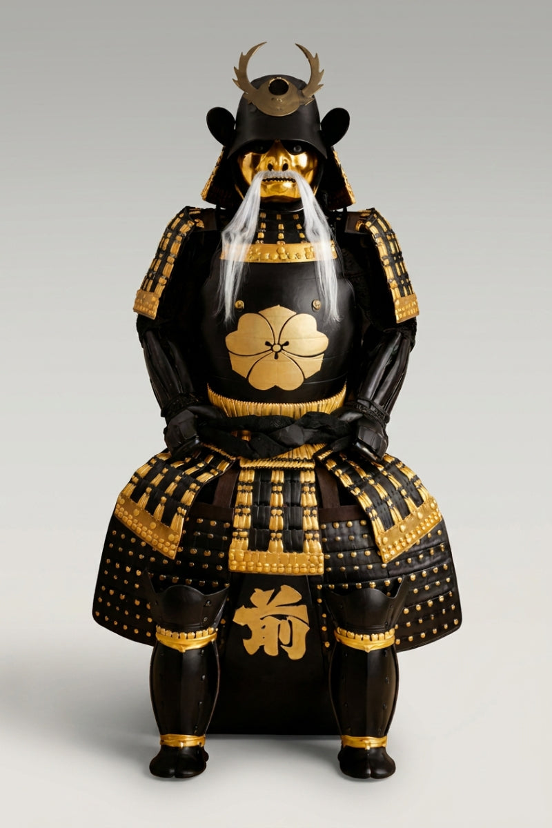 Black and gold samurai armor Kuro Kikko on display stand: black do cuirass with a large gold family mon, gilded menpo mask with white moustache and antler maedate